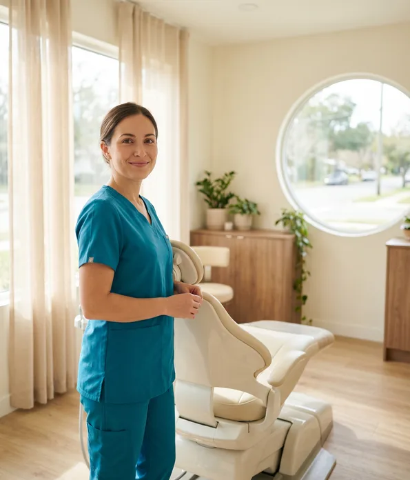 Calm dentist beside a modern dental chair