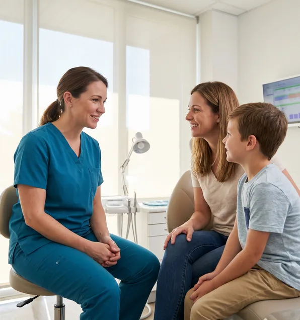 Dentist speaking with a parent and child
