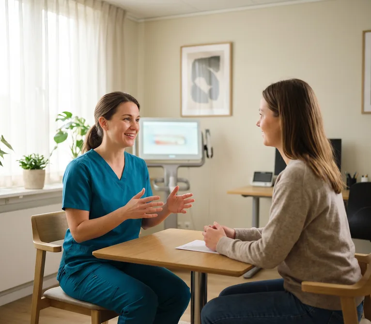 Dentist speaking with a patient in a consultation room