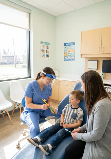 Provider showing oral-care guidance to a child and parent