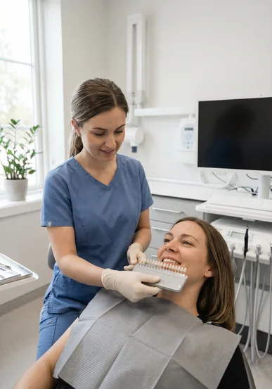 Dentist evaluating a patient's smile with a mirror