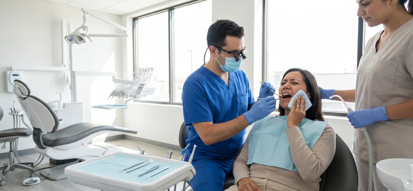 Dentist evaluating a patient with urgent tooth pain during an emergency visit